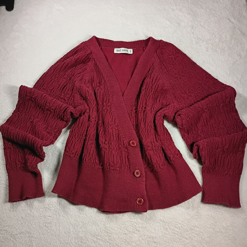 Grace Karin Red Cropped Knit Cardigan Sweater Women 2XL Button Front Textured